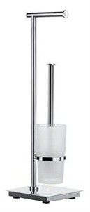 SMEDBO OUTLINE LITE POLISHED STAINLESS STEEL BATHROOM FREE STANDING TOILET ROLL HOLDER & FROSTED GLASS TOILET BRUSH HOLDER, FK603